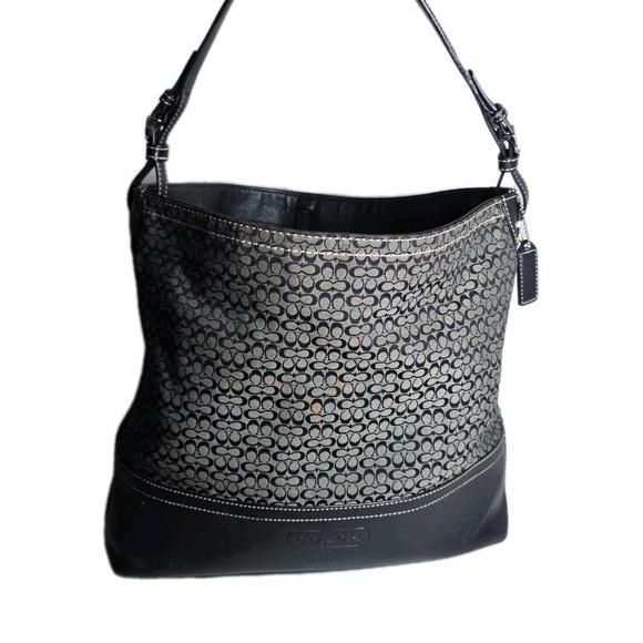 Coach Handbags - Vintage Coach F11666 Hobo Bucket Bag Shoulder Bag Black Gray Signature 14 In